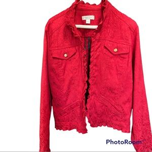 Colorwater creek Christmas red ruffle Jean jacket front pockets floral decor S